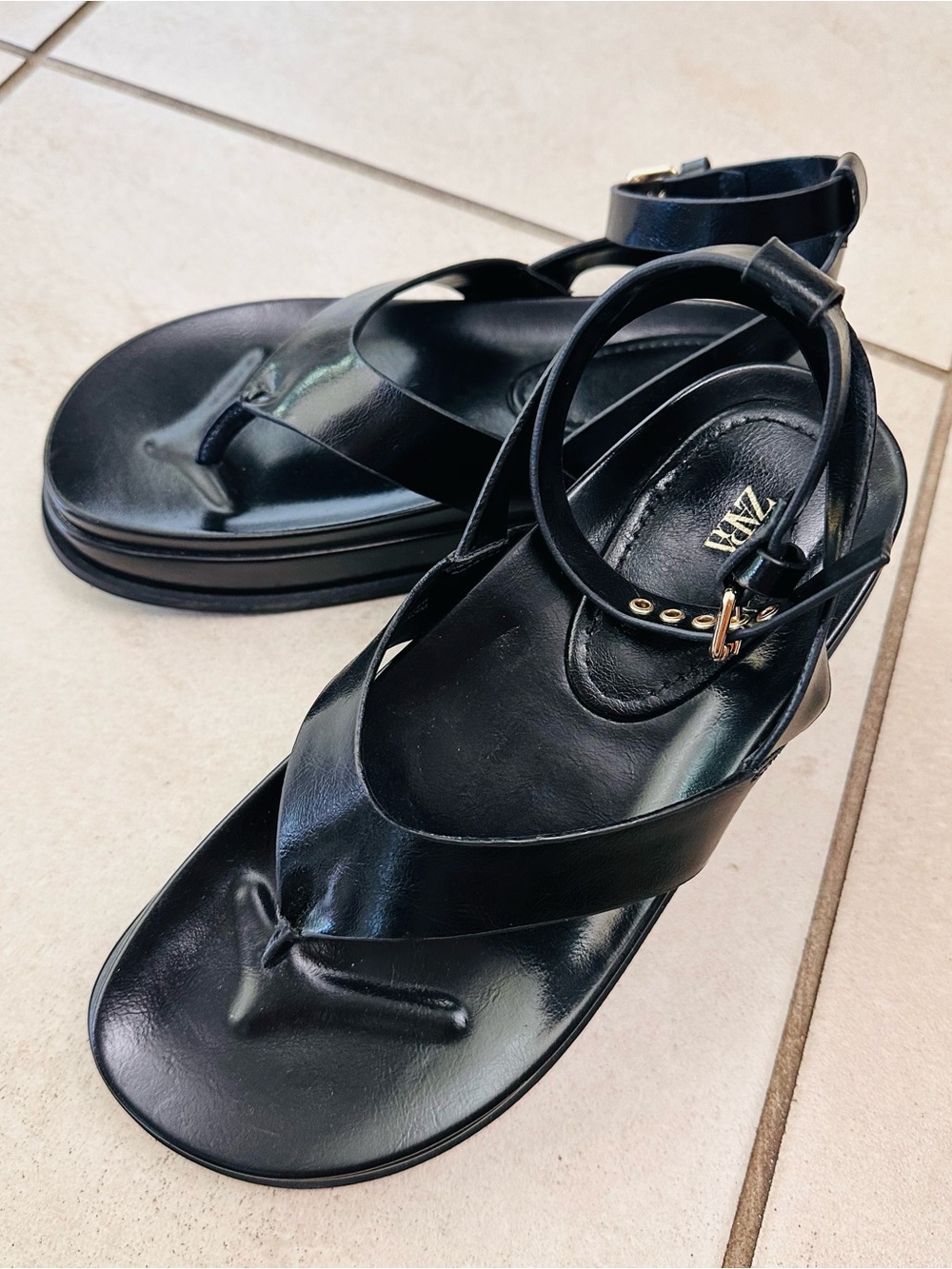 Zara Black Glossy Leather Ankle-Strap Thong Sandals